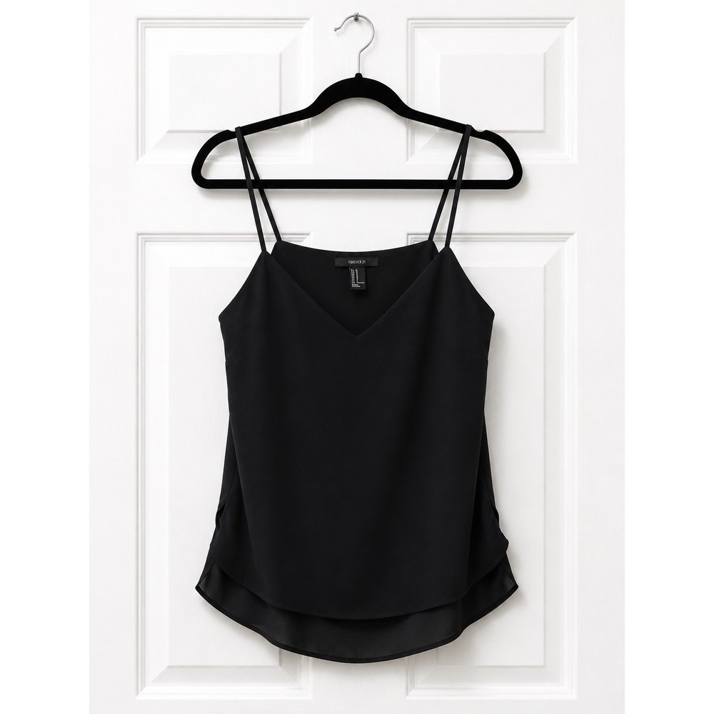 Forever 21 Black V-Neck Double Layer Cami Spaghetti Strap Tank Top Womens Medium